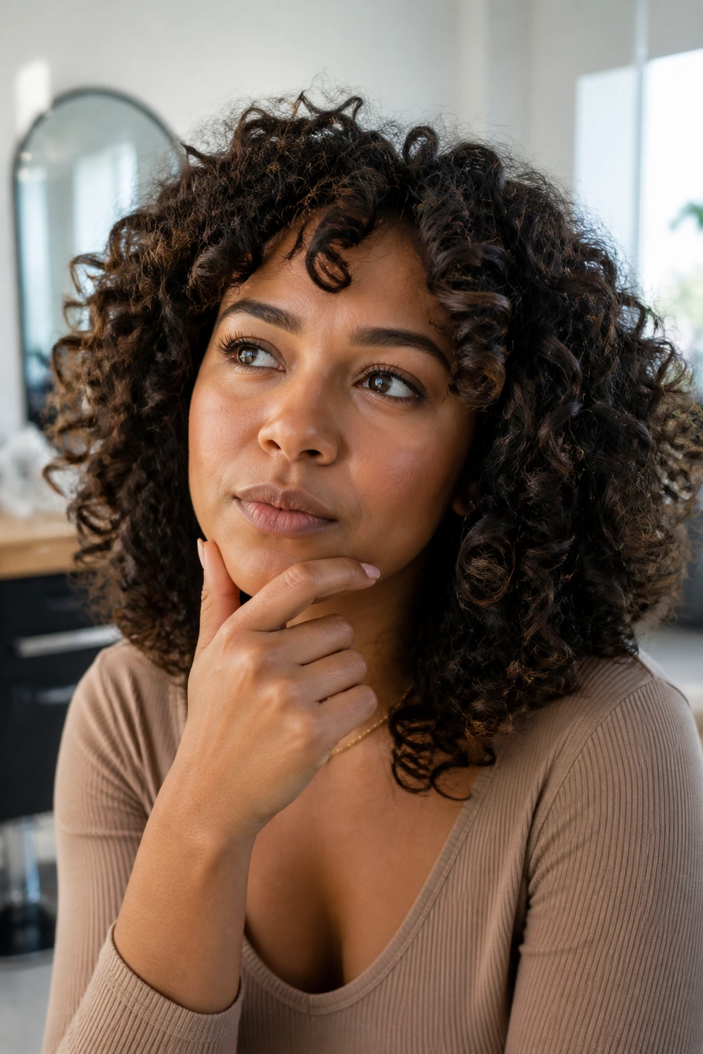 Thoughtful portrait of a person with medium curls in a bright room