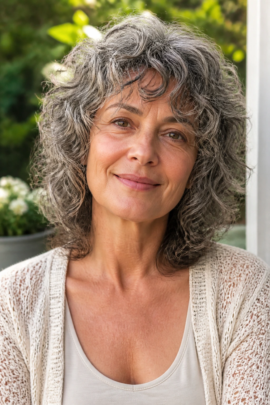 Close-up of real woman with curly hair in curl-respecting shag