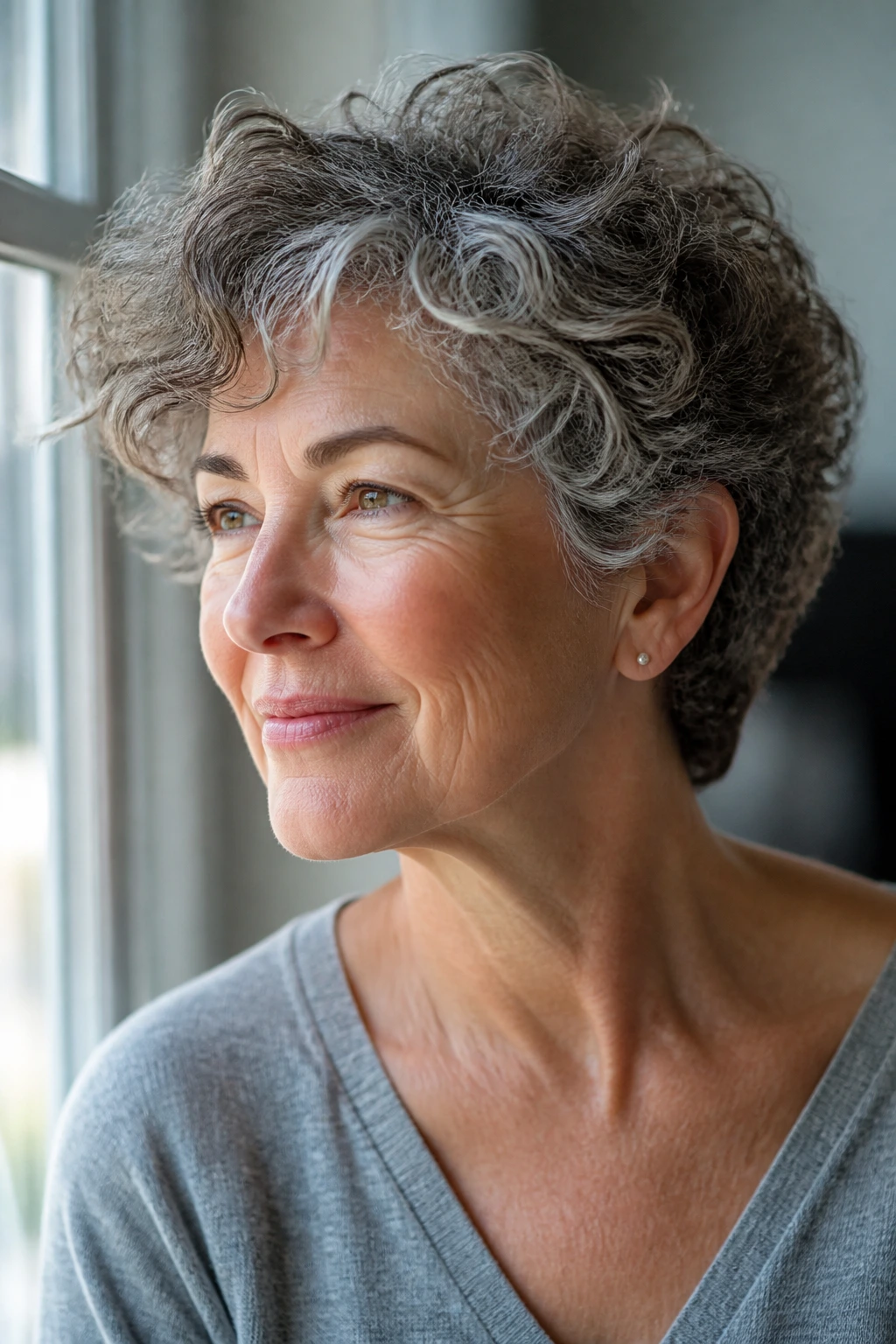 Close-up portrait of a real woman with curl-respecting short hair