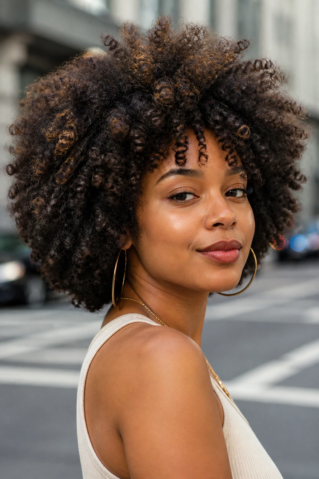 Portrait of a real person with versatile curly look suitable for multiple routines
