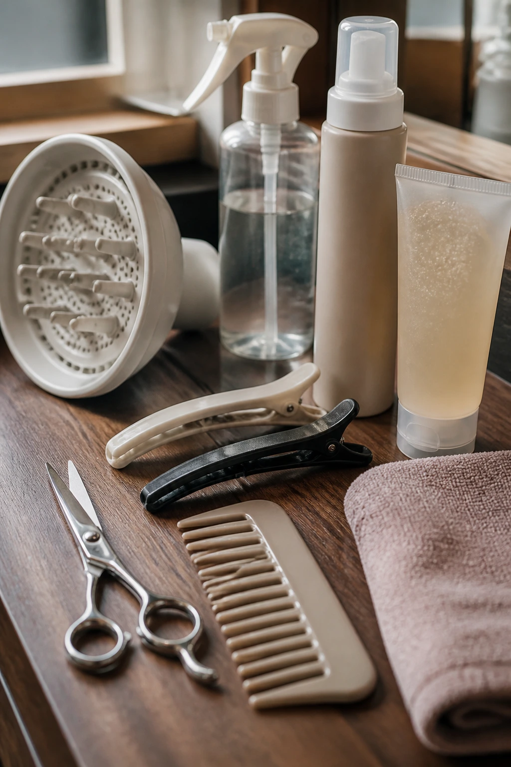 Close-up still life of curling tools for front styling arranged neatly