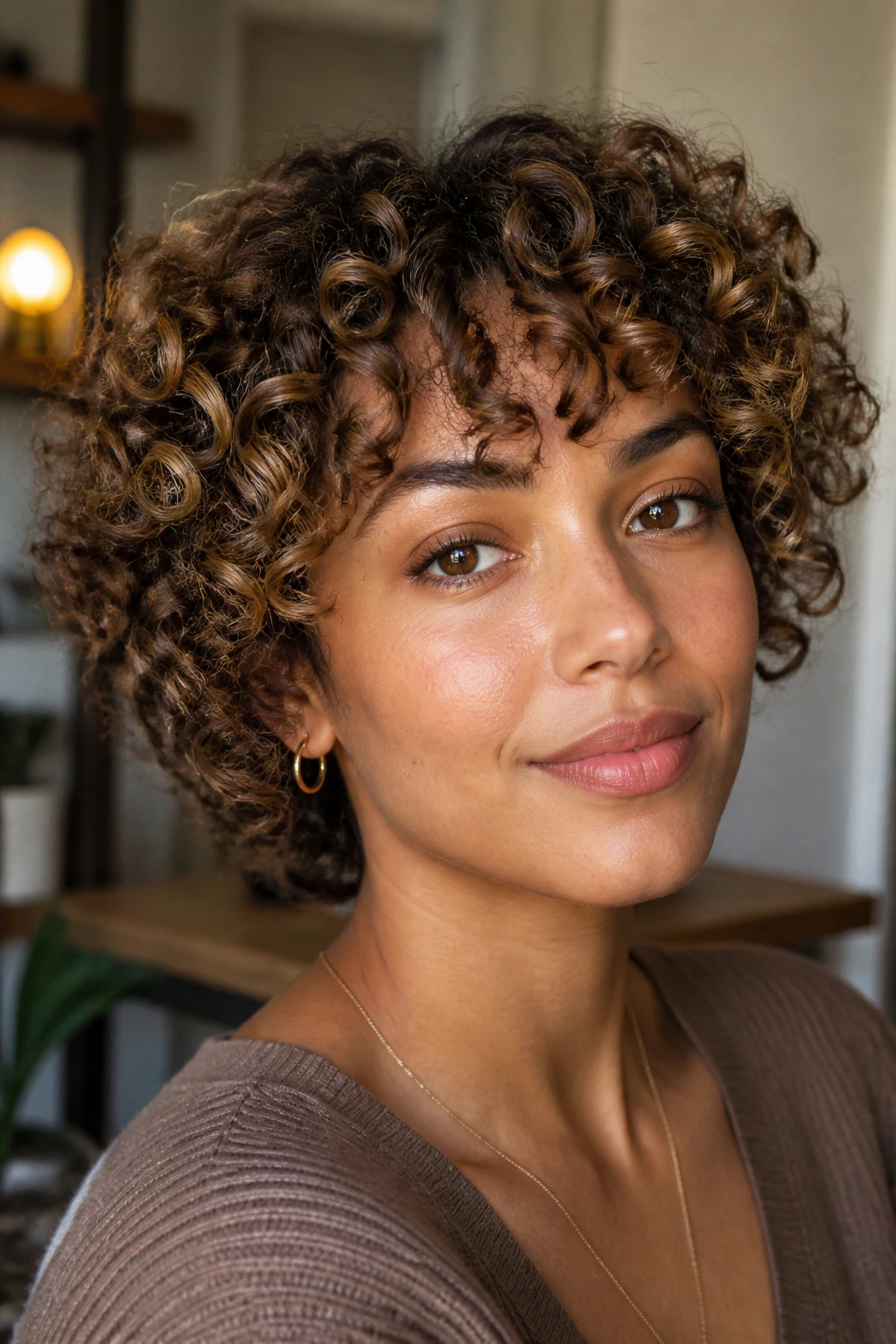 Portrait of short curly hair with a flattering beige bronze shade.