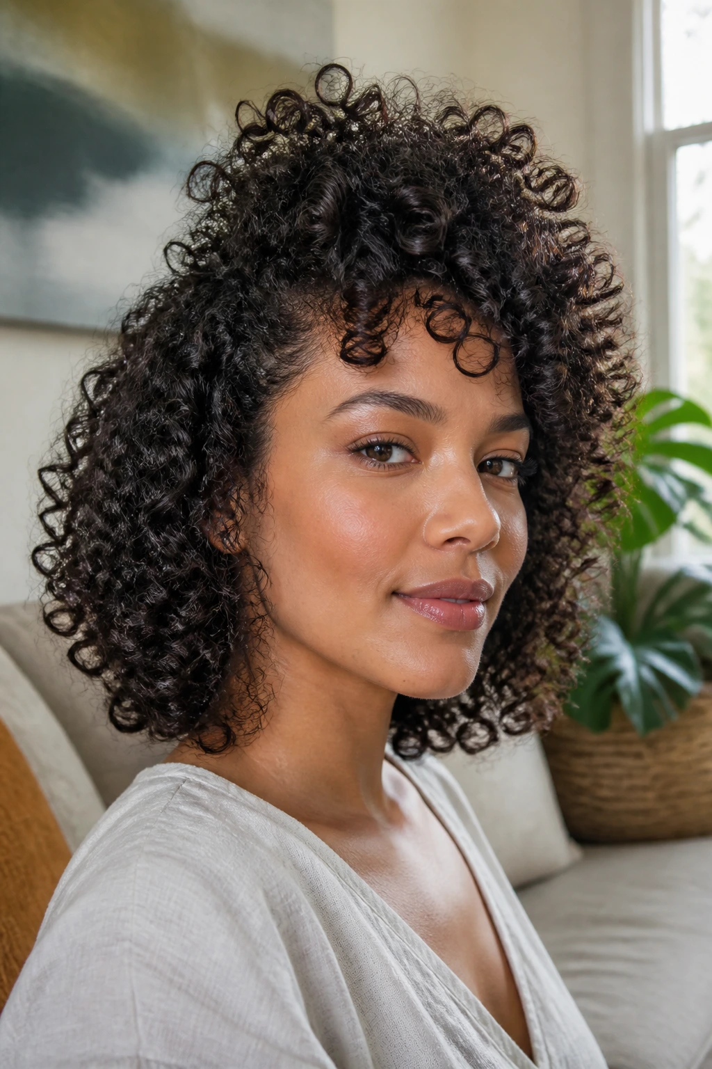 Close-up portrait illustrating how curl shape changes the look of a square face