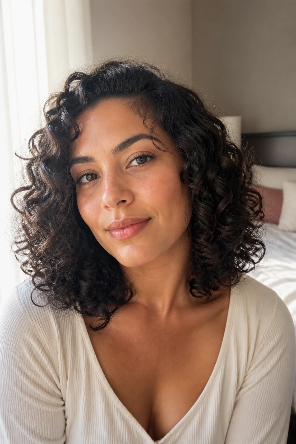 Close-up portrait of a real person with defined curl shapes along jaw and neck