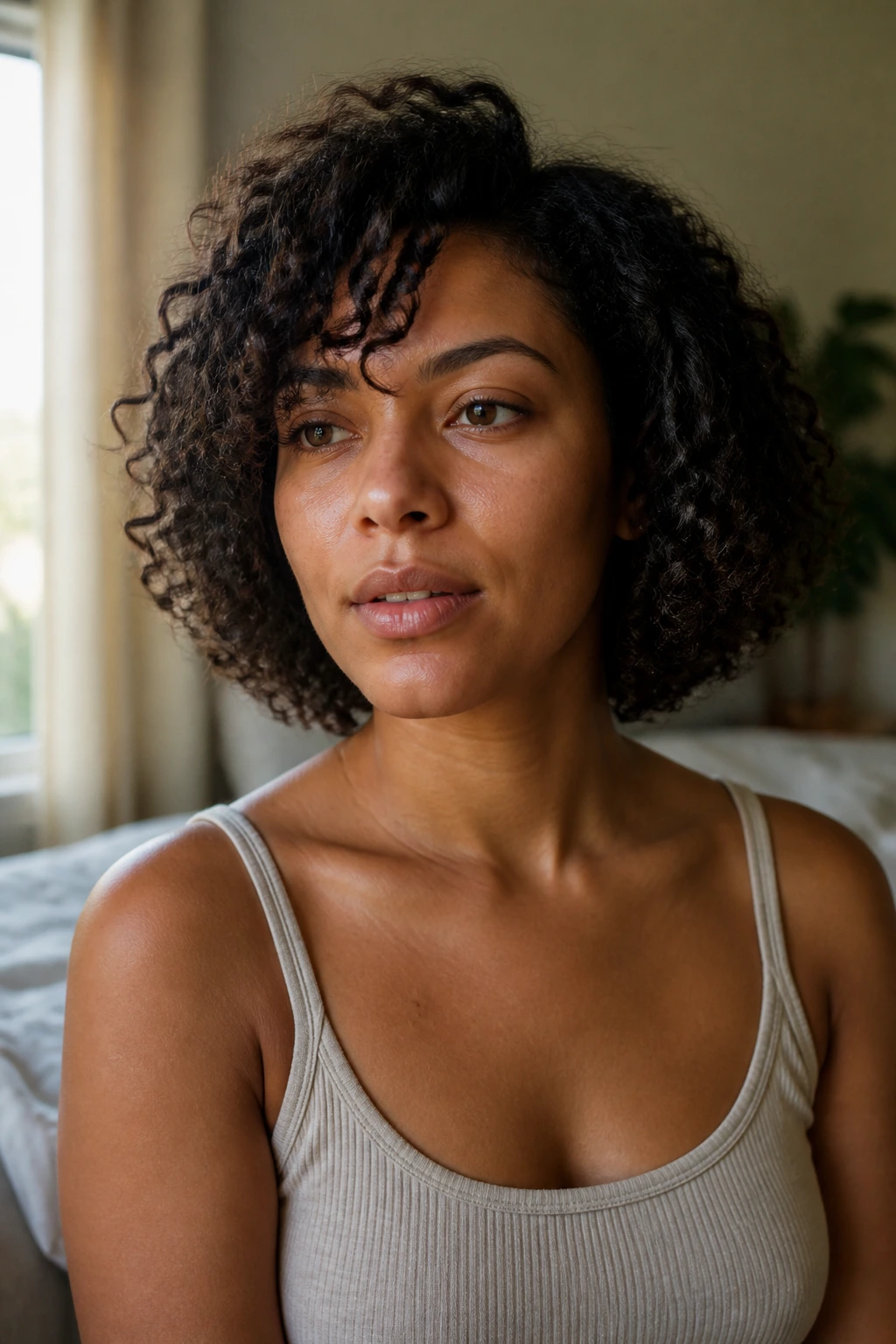 Close-up portrait of a real woman with curly hair showing curl shrinkage from wet to dry