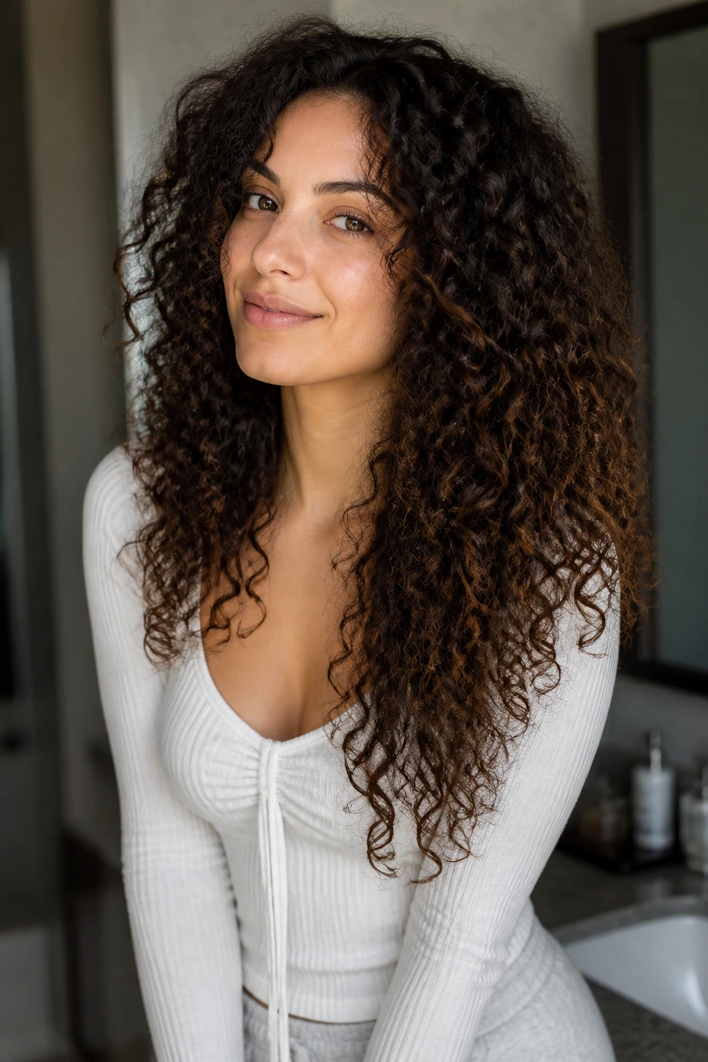 Close-up showing shrinkage in long curly hair on a real person