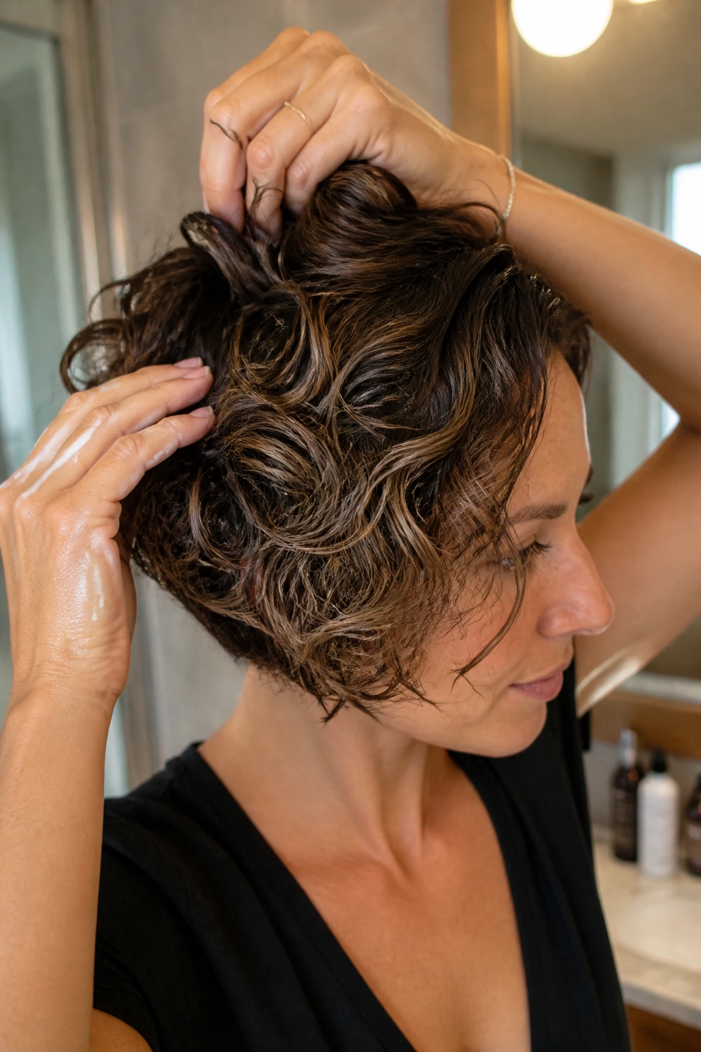 Real woman styling curly inverted bob to keep stack visible