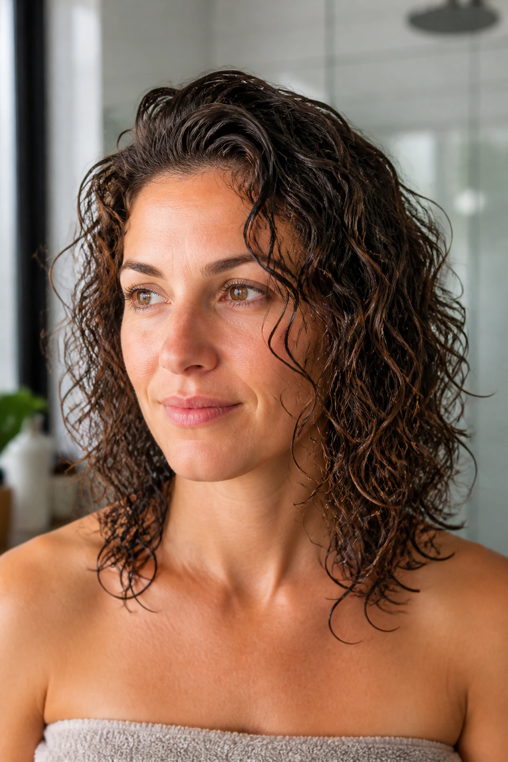 Portrait of a real woman with medium-length curly hair showing defined curls while damp