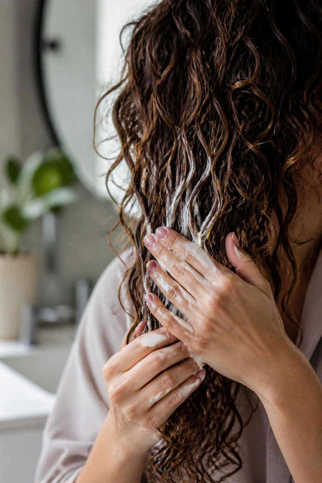 Hands applying curl cream to damp curls in a bright bathroom.