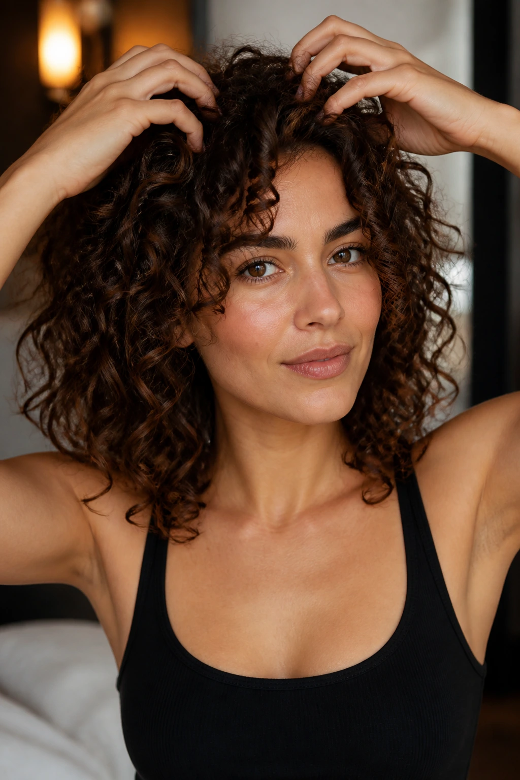 Close-up of a real woman shaping her curls to keep the haircut’s shape