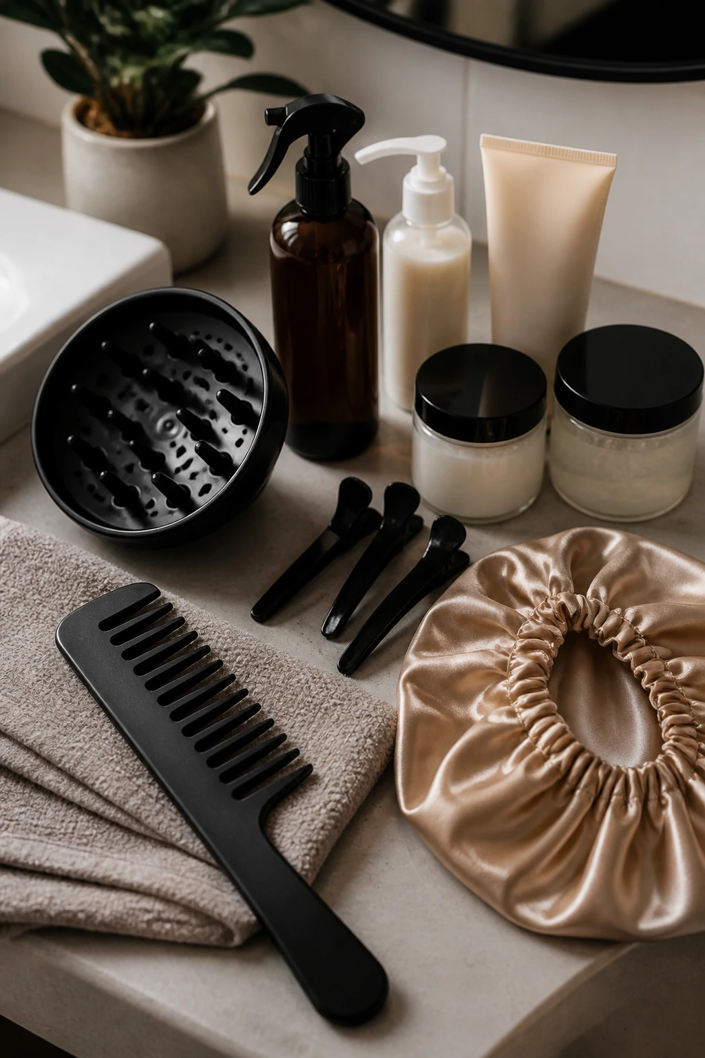 Unlabeled curly hair tools arranged on a bathroom counter for styling.