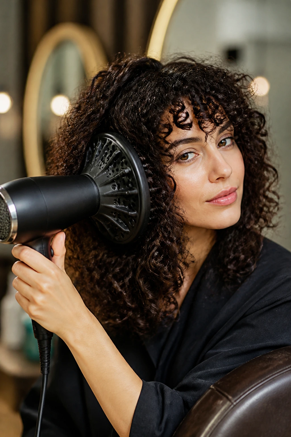 Close-up of diffuser tool in use on curly hair by a real person