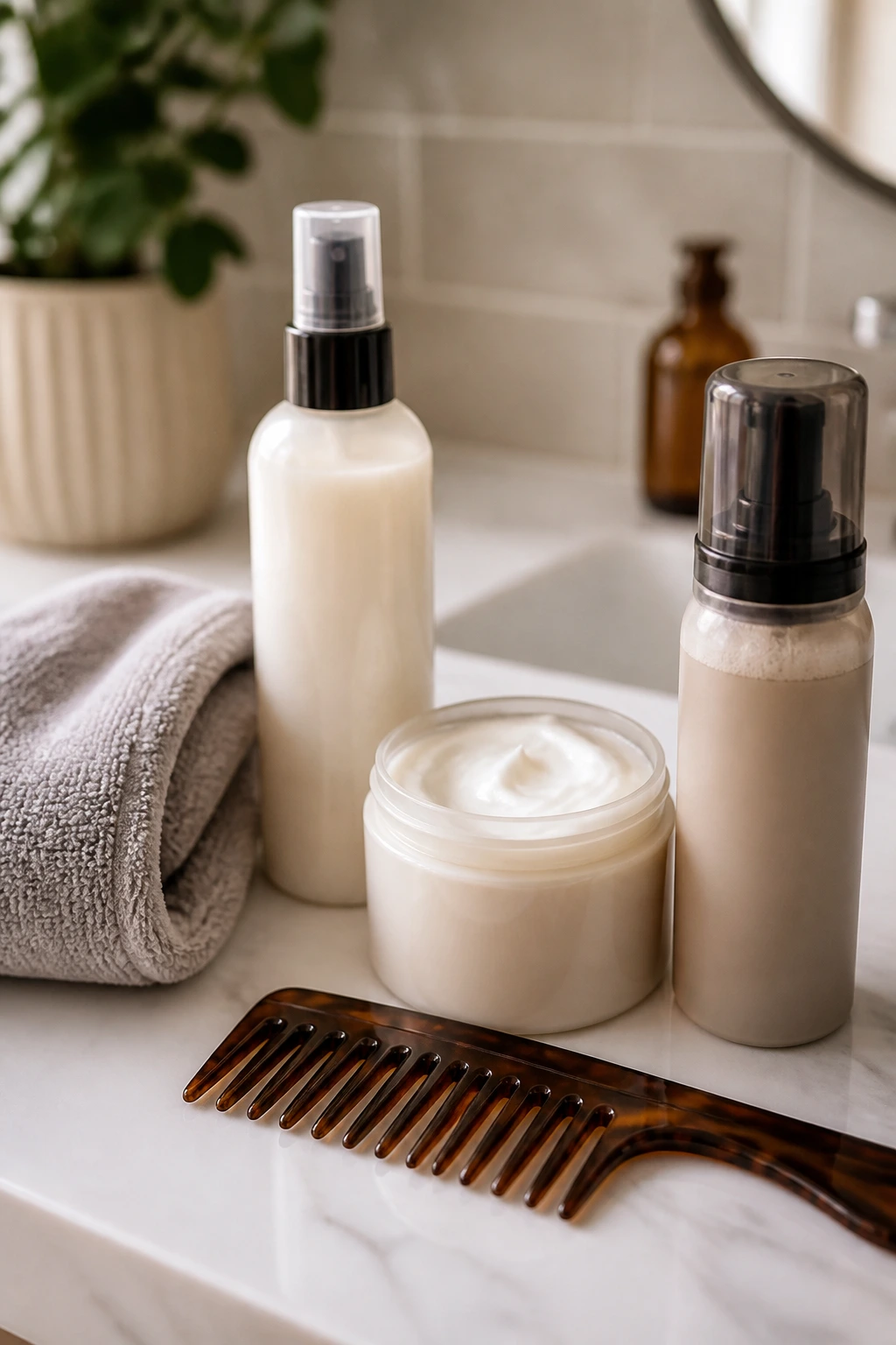 Close-up of essential curling styling tools arranged on a bathroom counter