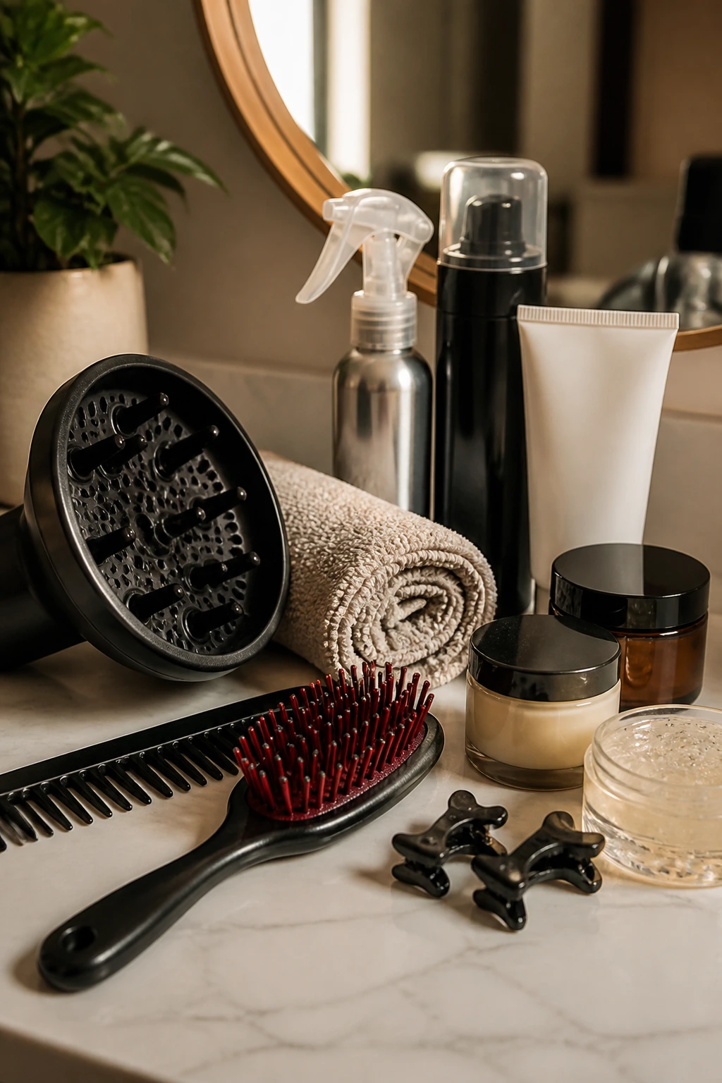 Still life of curl styling tools and products on a vanity surface.