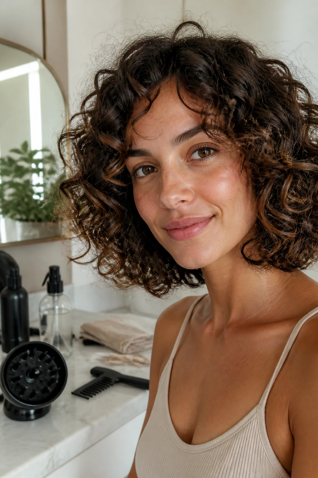 Real woman with curly lob with styling tools visible on a counter in the background
