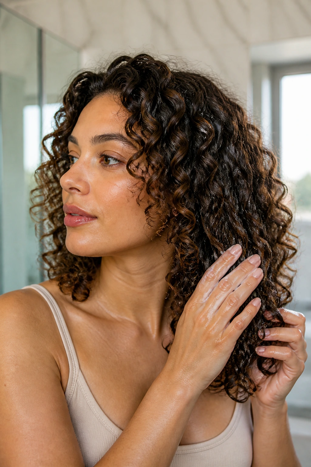 Close-up of hands styling voluminous curls on mid-length hair