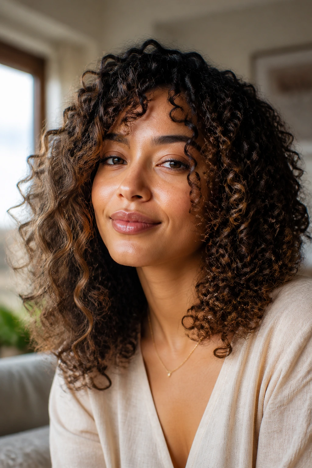 Close-up portrait of a real person with mixed curl textures on shoulder-length hair in a cozy living room