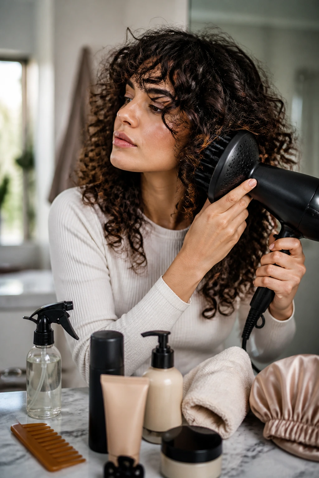 Person using a diffuser to shape curls in a bathroom.