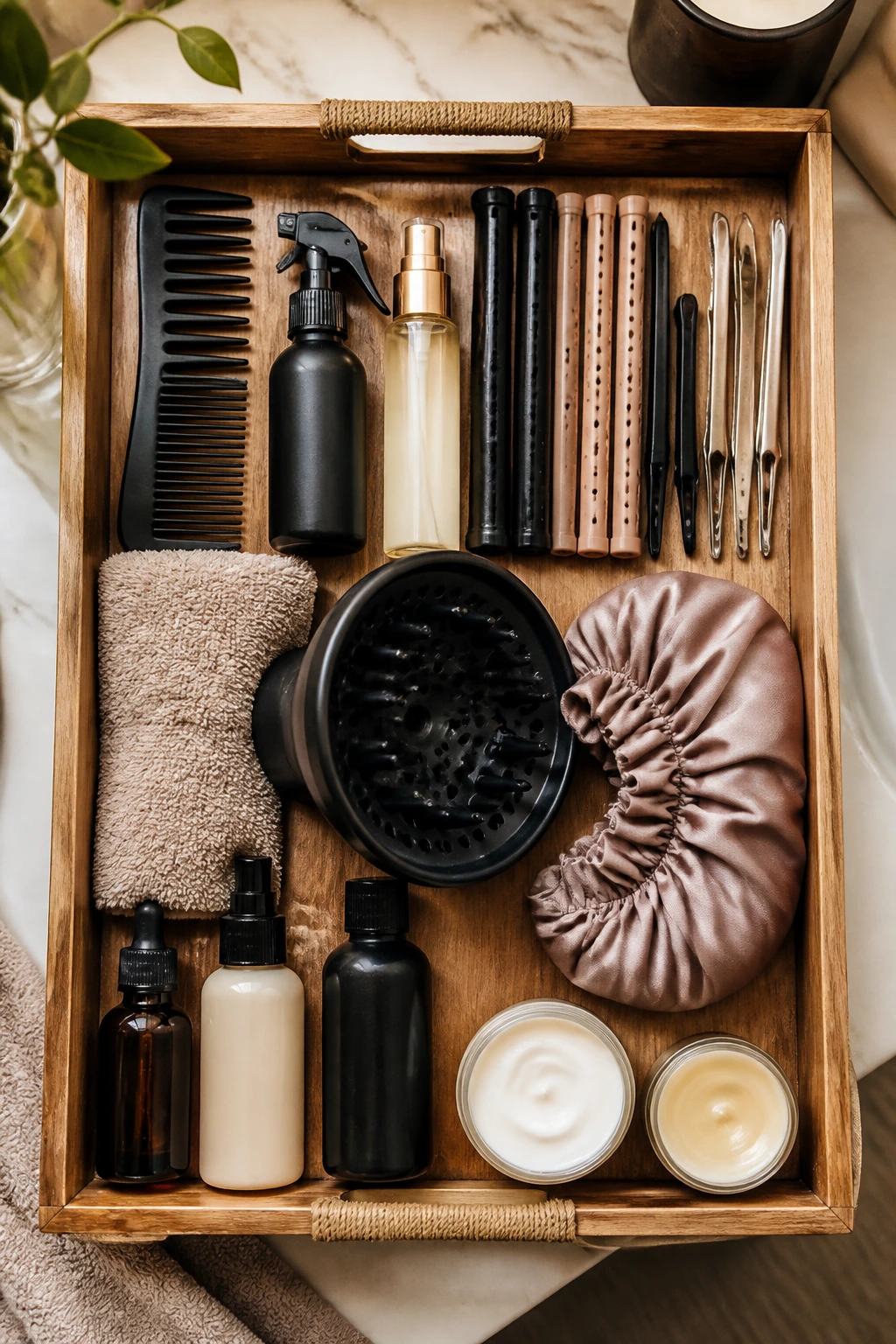 Top-down view of essential curling tools neatly arranged on a vanity, filling the frame