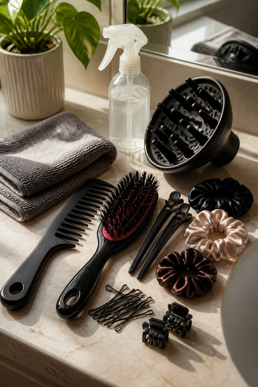 Close-up of essential curl tools arranged on a vanity surface for curly hairstyles