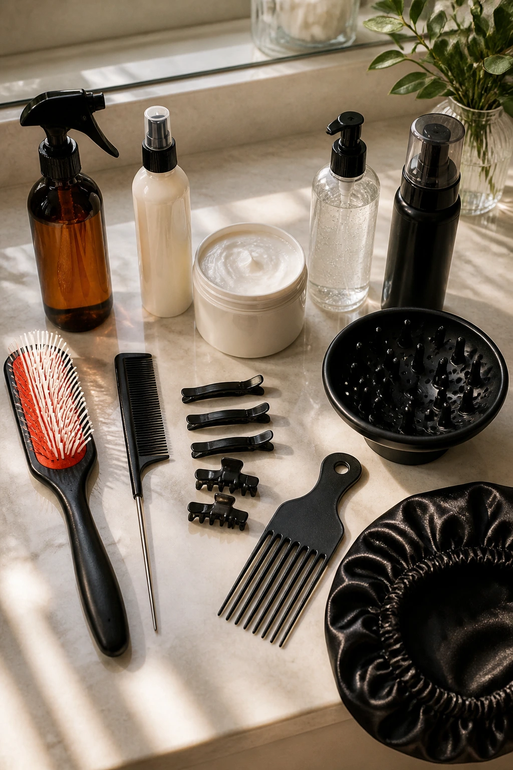 Flat lay of essential curly-hair tools on a vanity