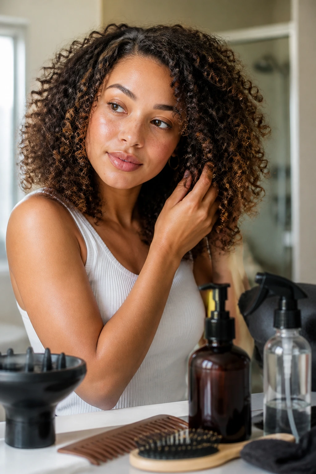 Close-up of a person using curl styling tools on curly hair