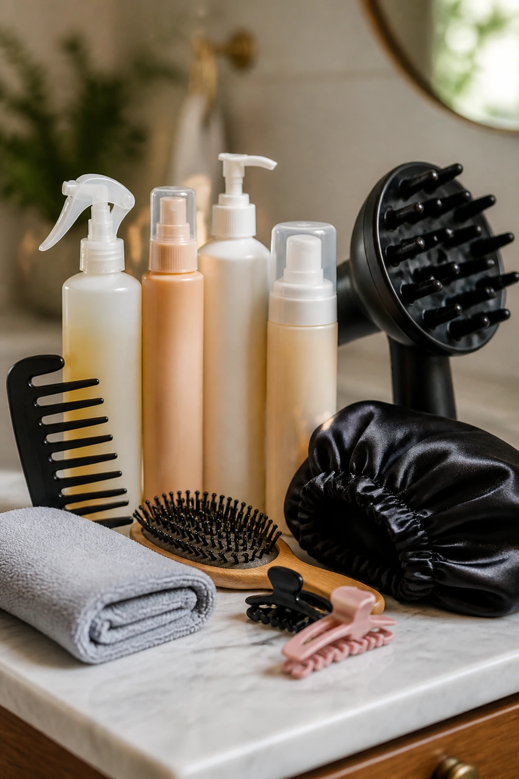 Still life of basic curl tools and products on a counter with no visible labels
