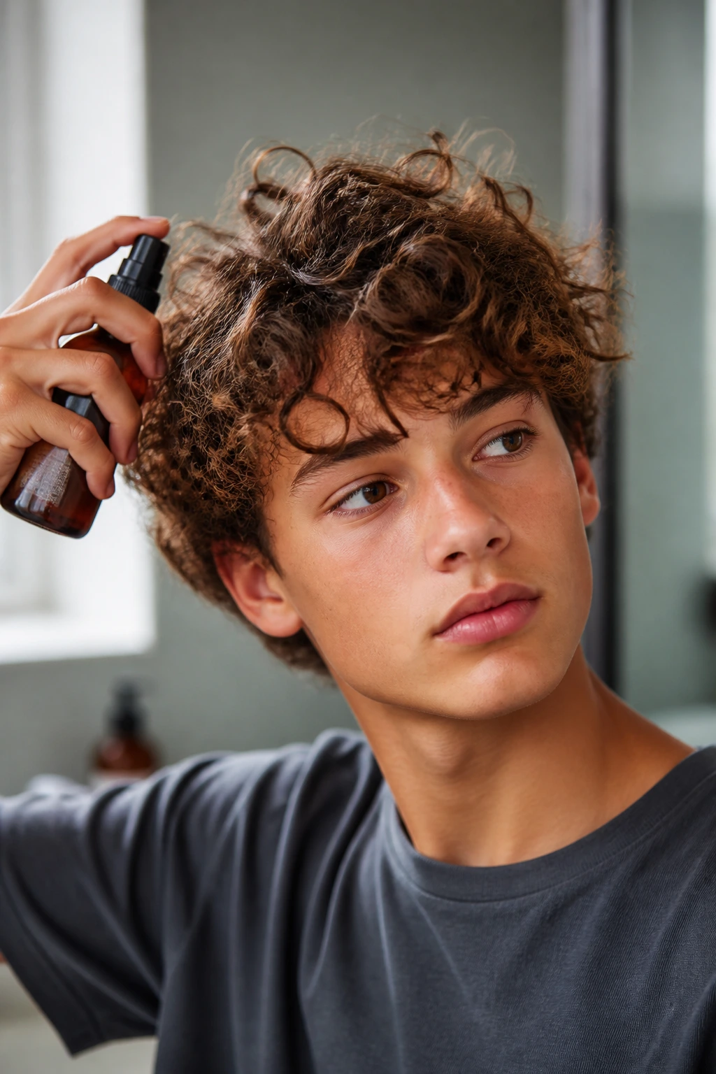 Portrait of a boy with curly hair in a bathroom with a small bottle near hair.