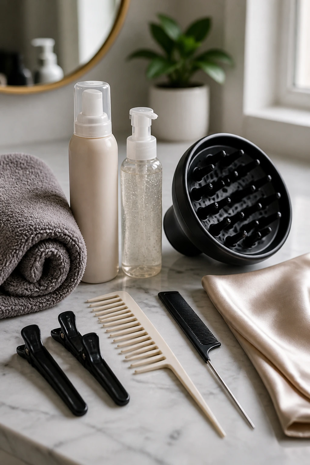 Still-life of curl tools and products on a vanity