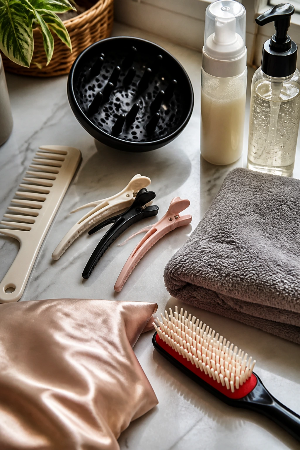 Close-up still life of curl-styling tools on a vanity.