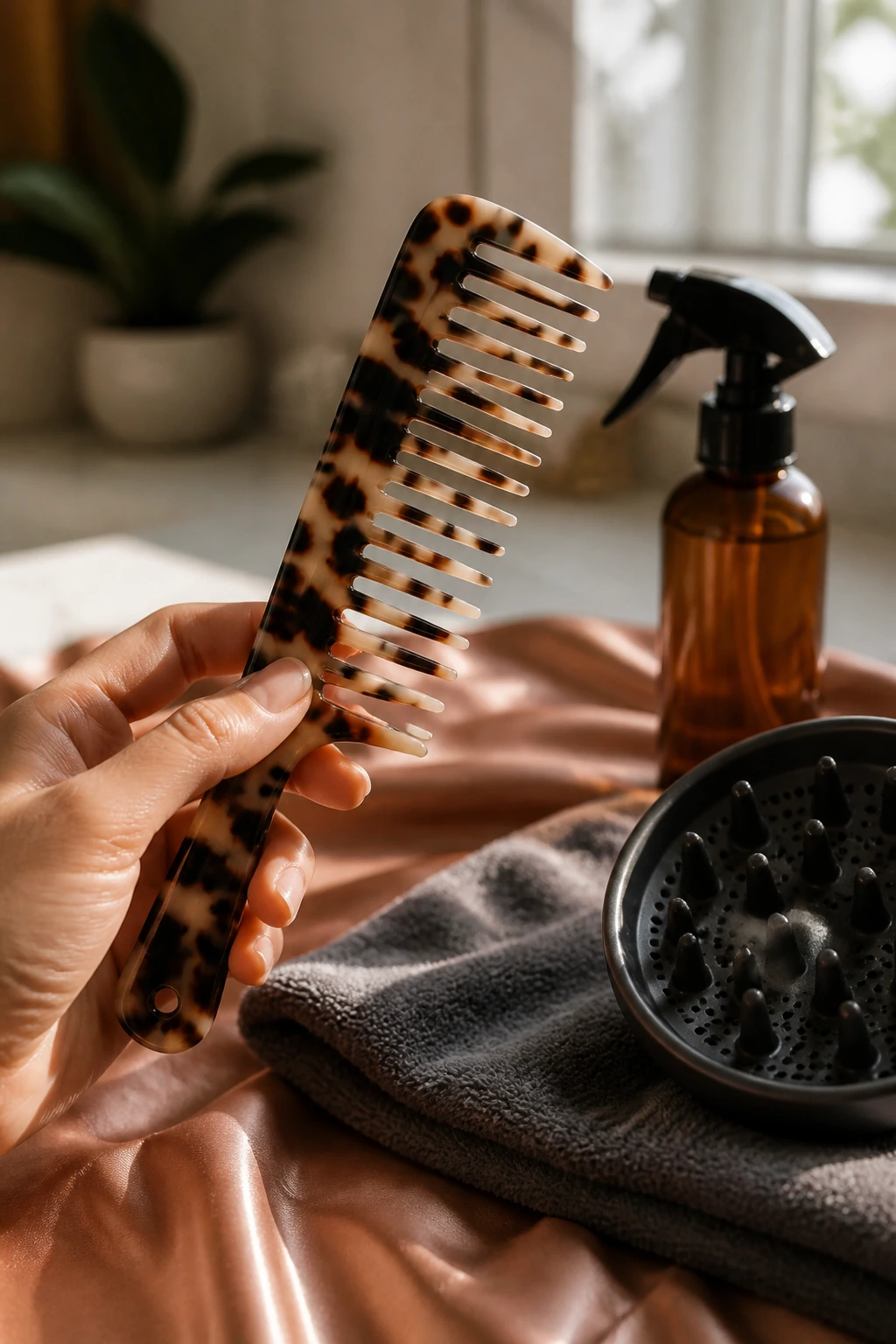Close-up of curling tools (wide-tooth comb, spray bottle) on satin surface for styling and refreshing curls