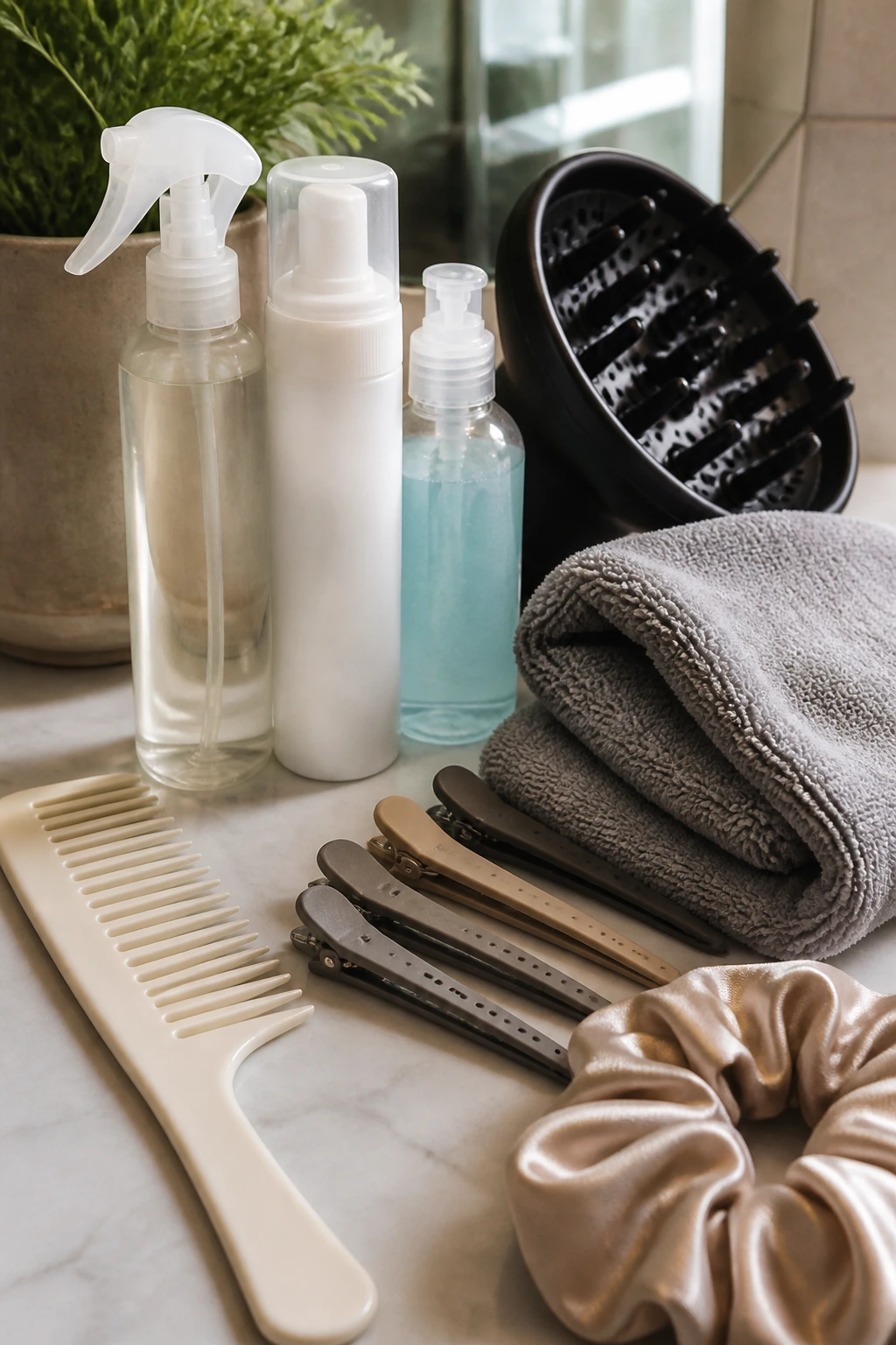 Close-up of essential curling tools arranged on a clean surface