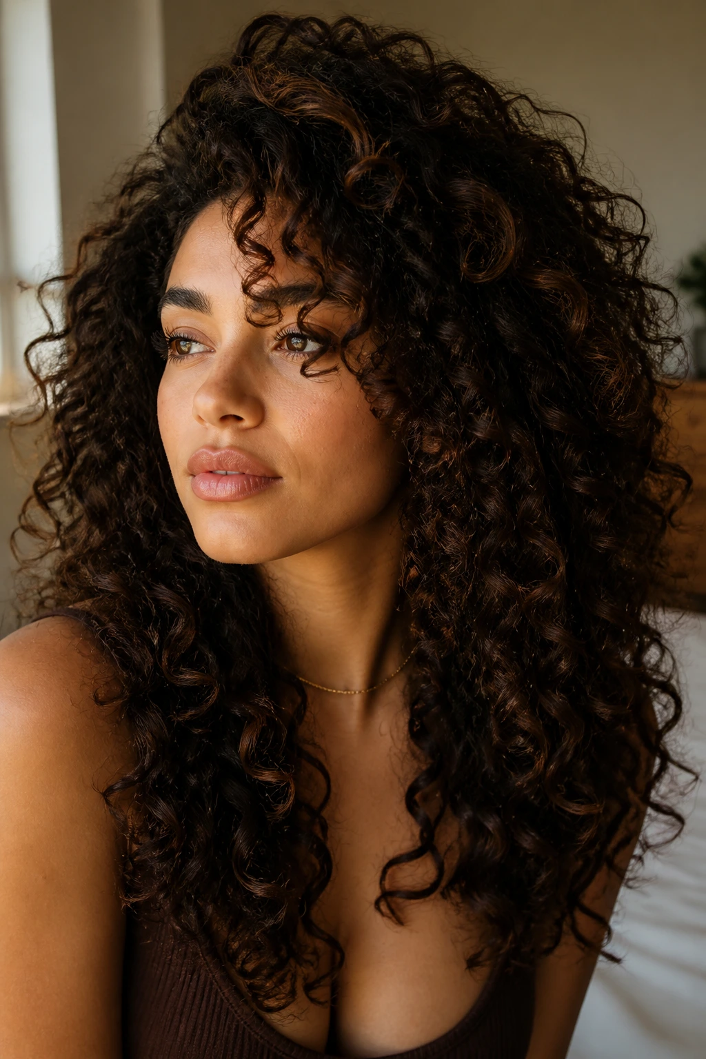 Close-up of a real woman with long curly hair in a sculpted silhouette.