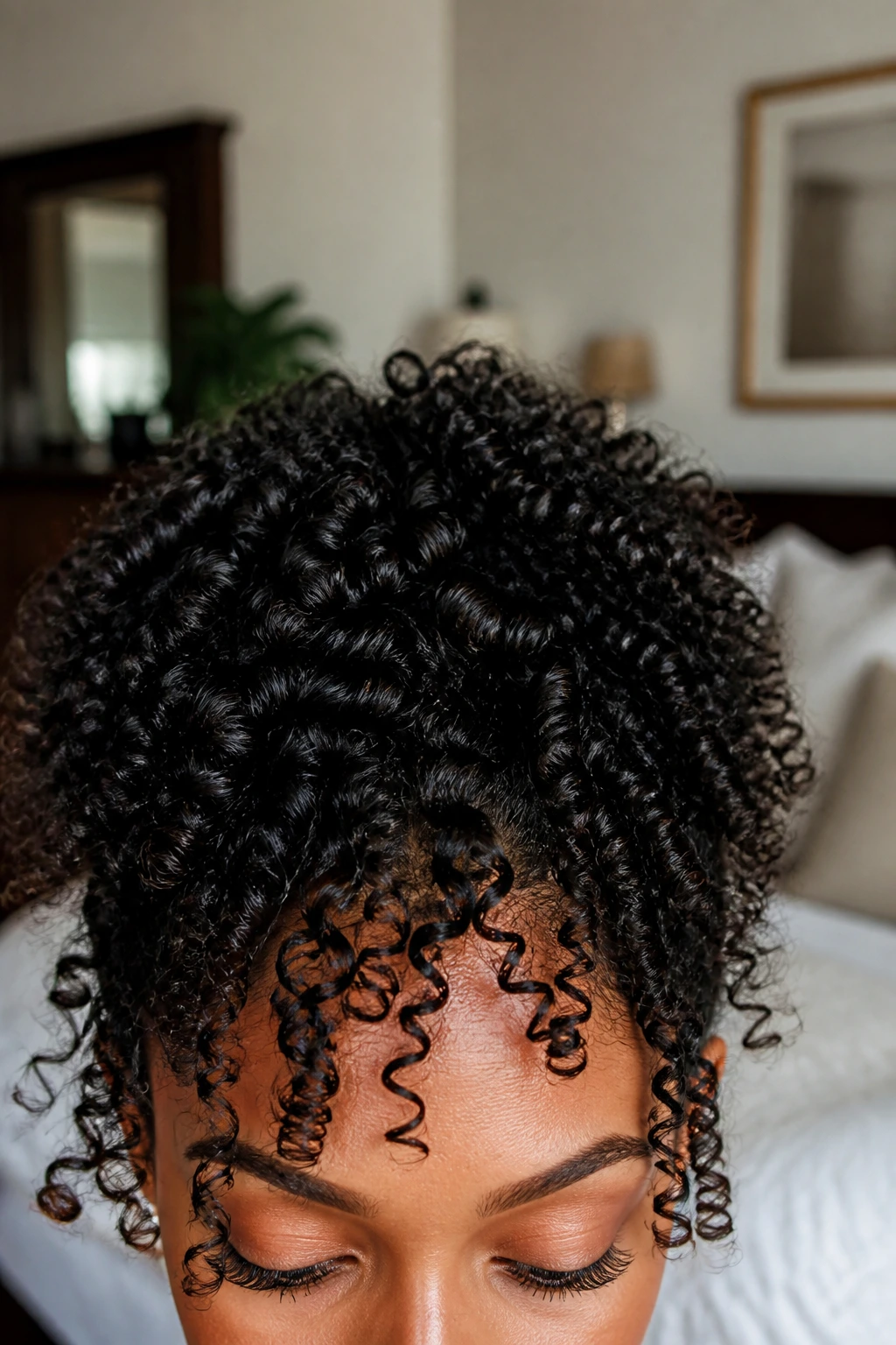 Close-up of crown and fringe showing curl shape tweaks on a real person