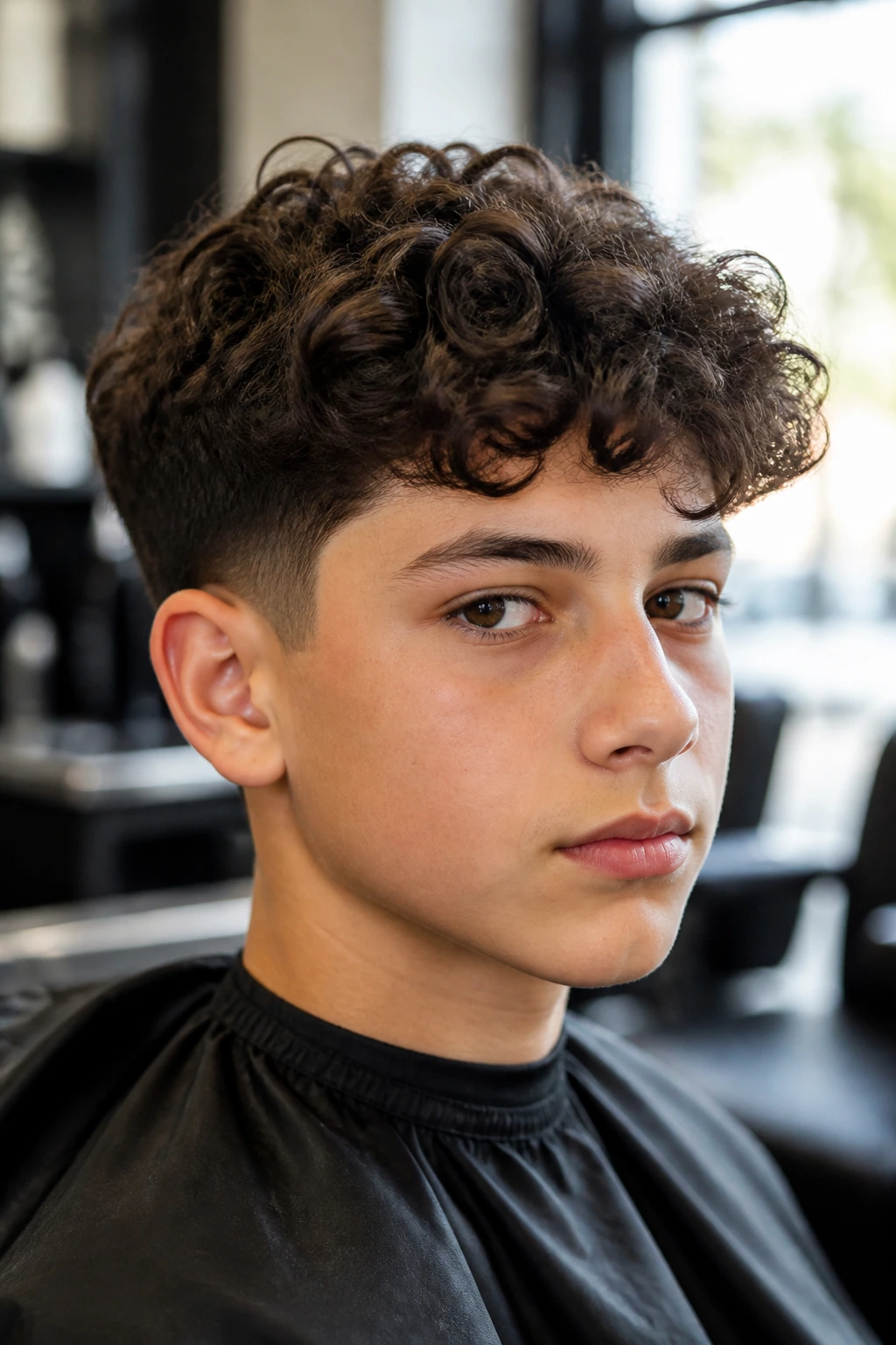 Portrait of a boy in a salon chair with a curl-friendly haircut