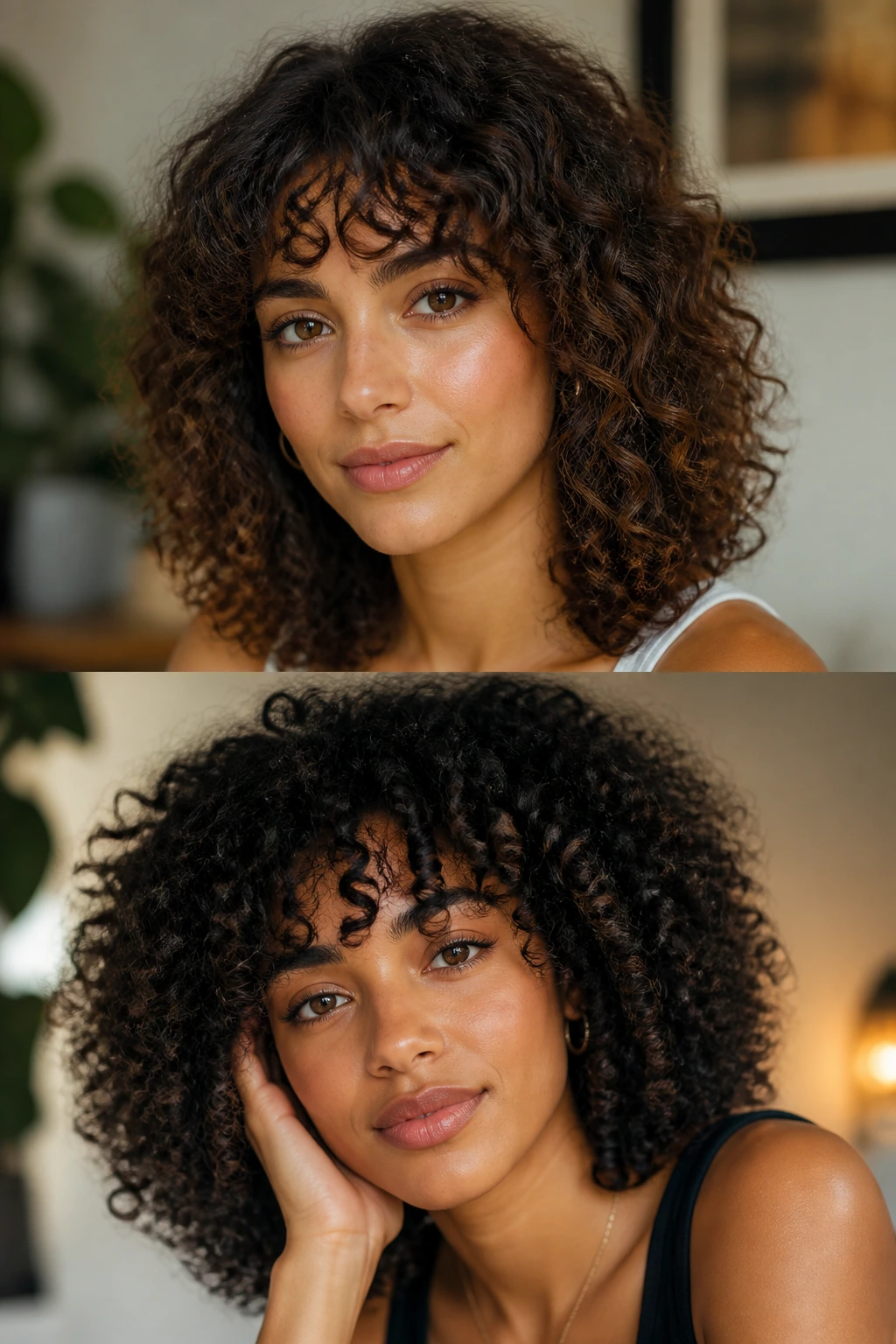 Close-up of a real woman with fringe variations for different curl types