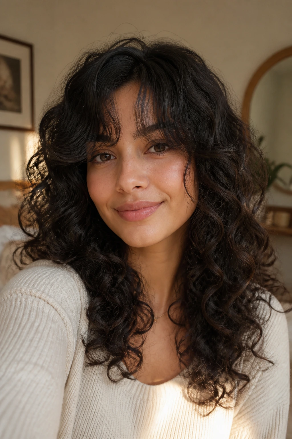 Woman with soft 3A curtain fringe sweep and face-framing curls