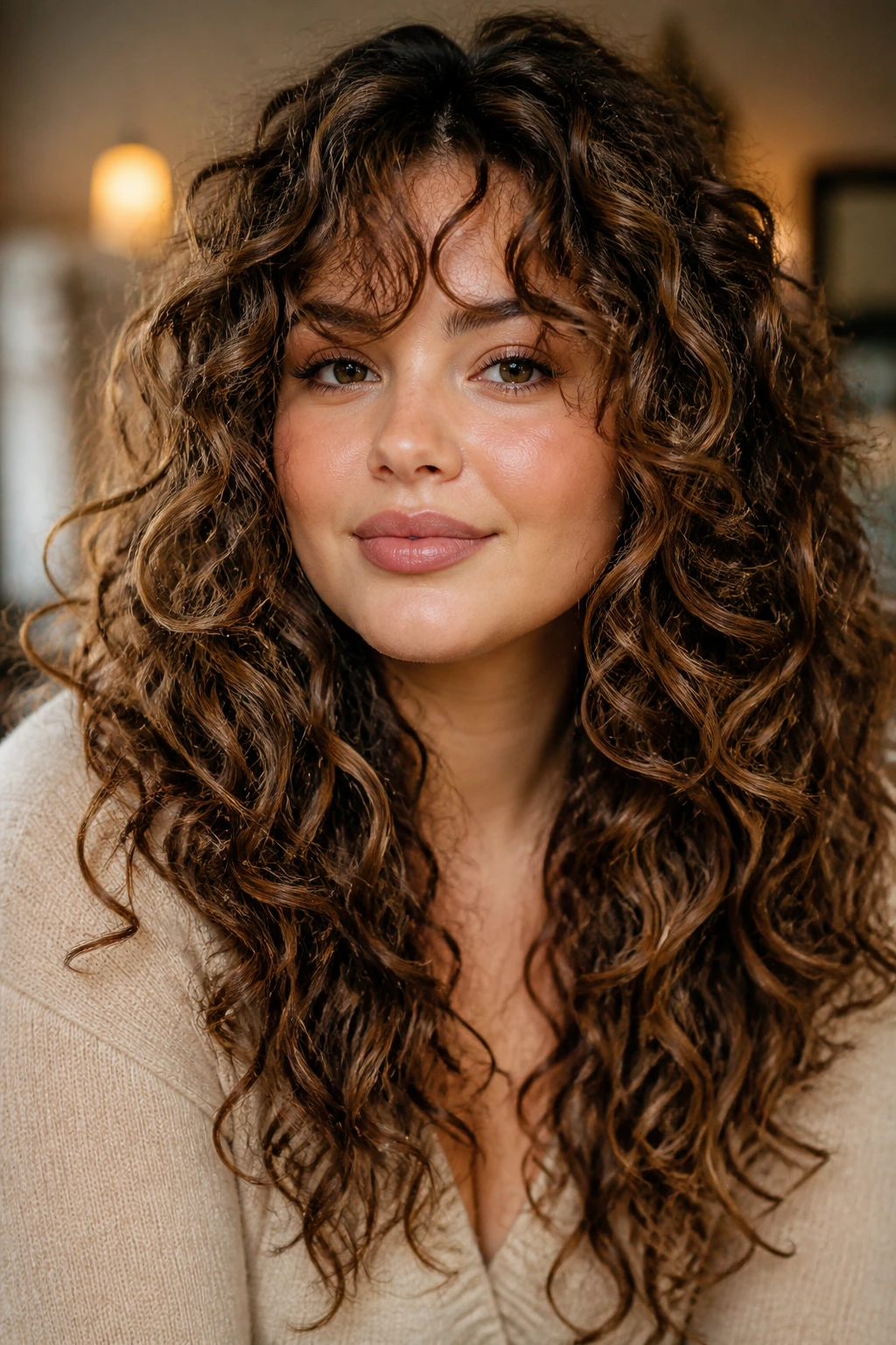 Portrait of a real woman with long layered curls illustrating variations and adaptations for curly hair on a round face.