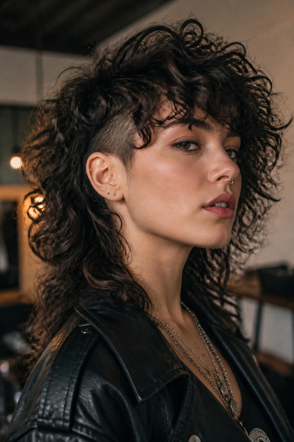 Portrait of person with bold curly rocker variation