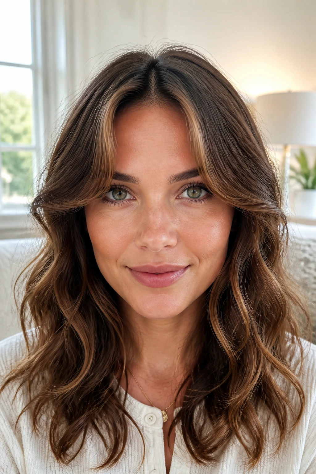Real woman with a curled-away fringe opening the eyes.