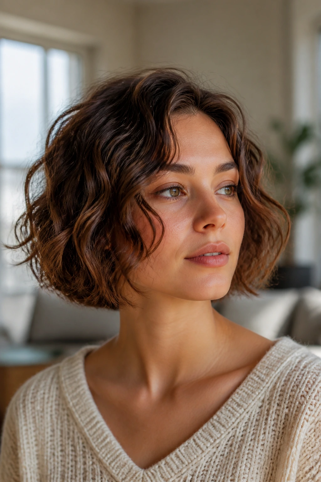 Close-up of a real person with curled bob featuring choppy ends.