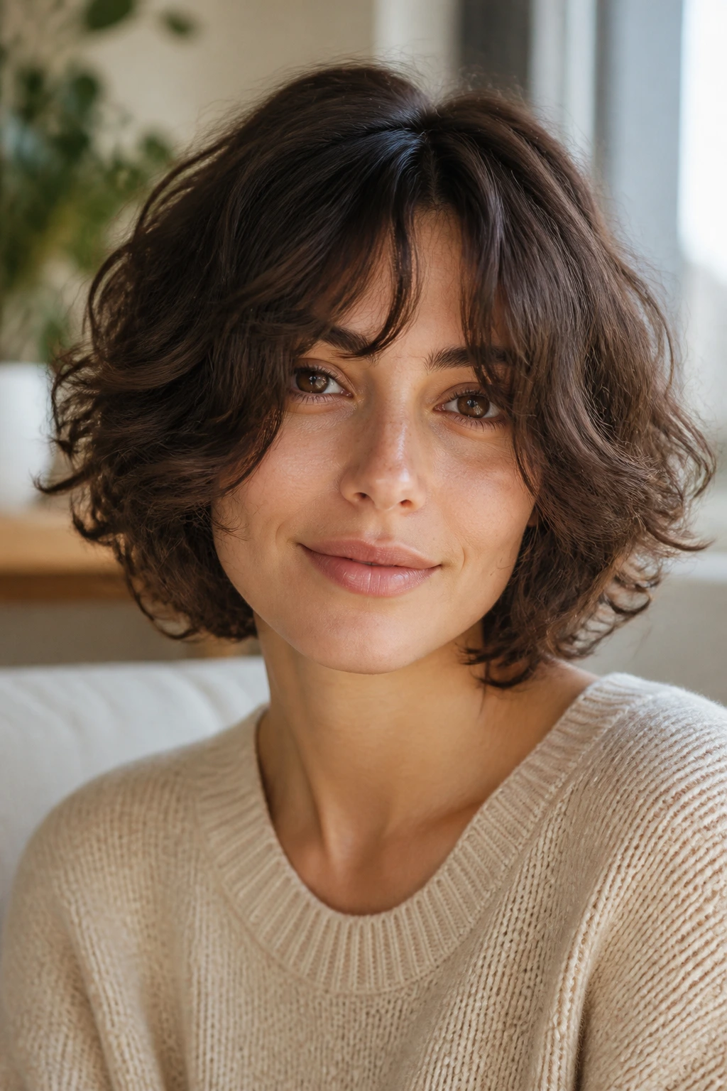 Close-up of a real woman with Curled Bob with Long Fringe, long fringe framing cheeks