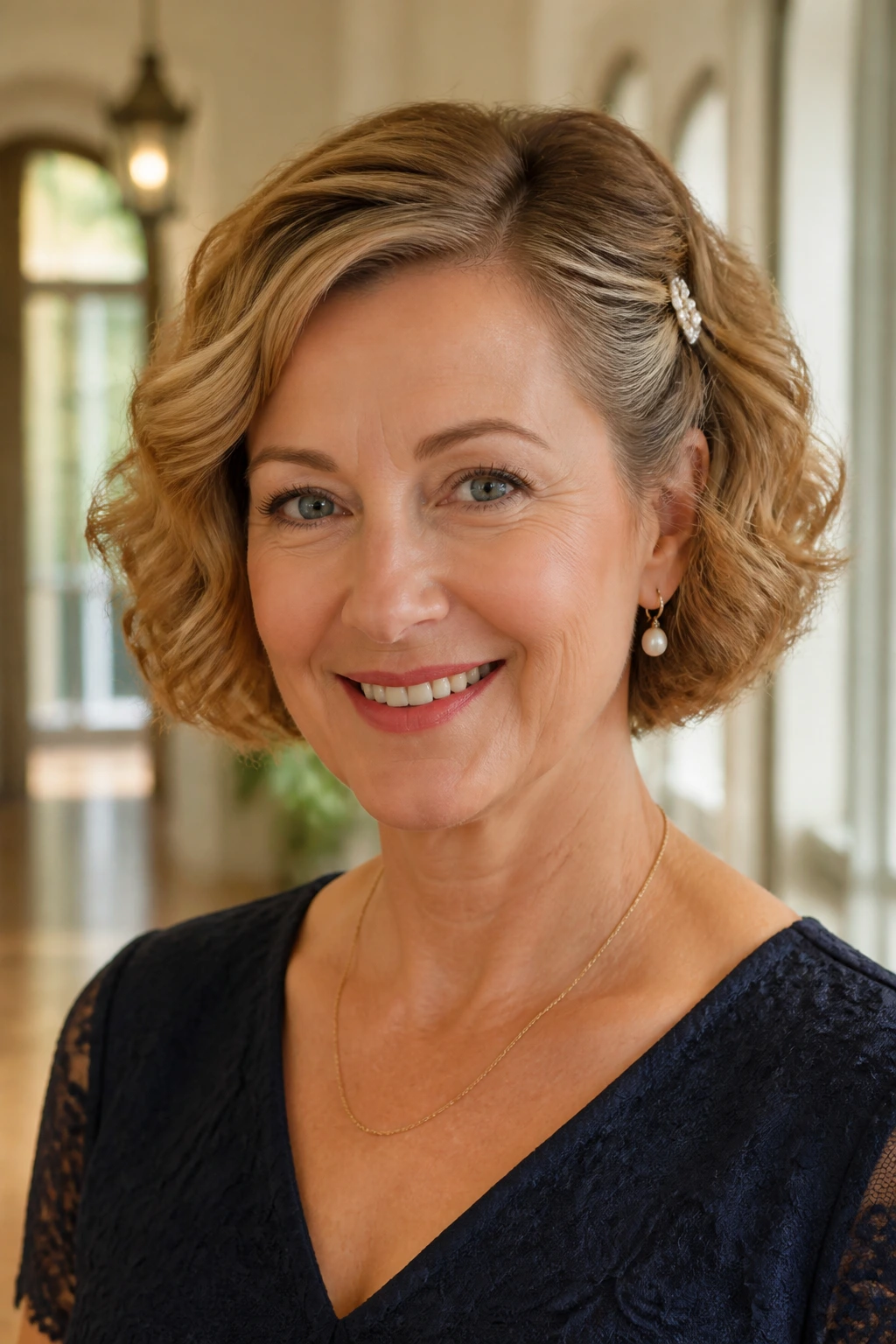 Real woman with chin-length curled bob and a side clip