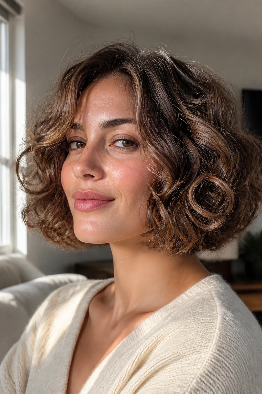 Close-up of a real woman with a thick medium hair curled bob
