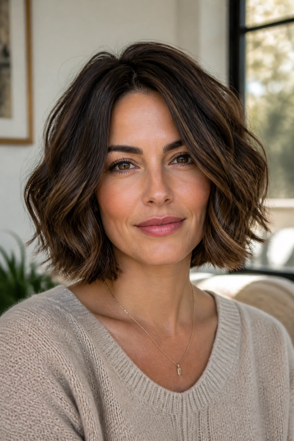 Close-up portrait of a real woman with a thick curled bob in sunlit room