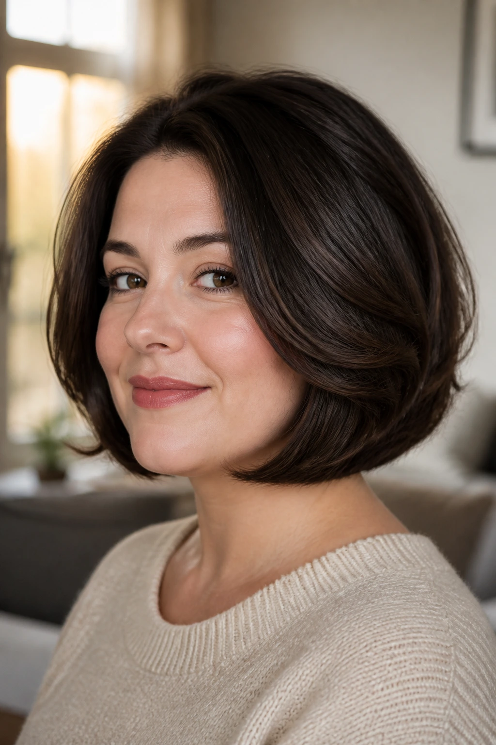 Close-up of a real woman with Curled Bob With Underturned Ends showing inward ends under the jaw in a warm living room