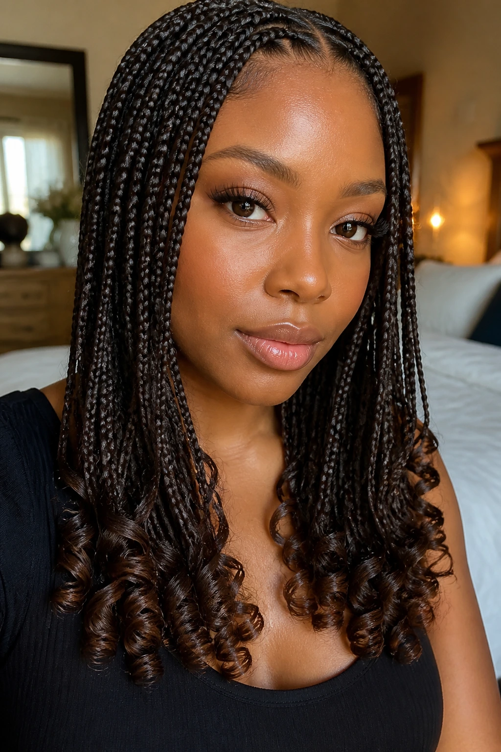 Close-up of a real person with curled-end braids in natural window light