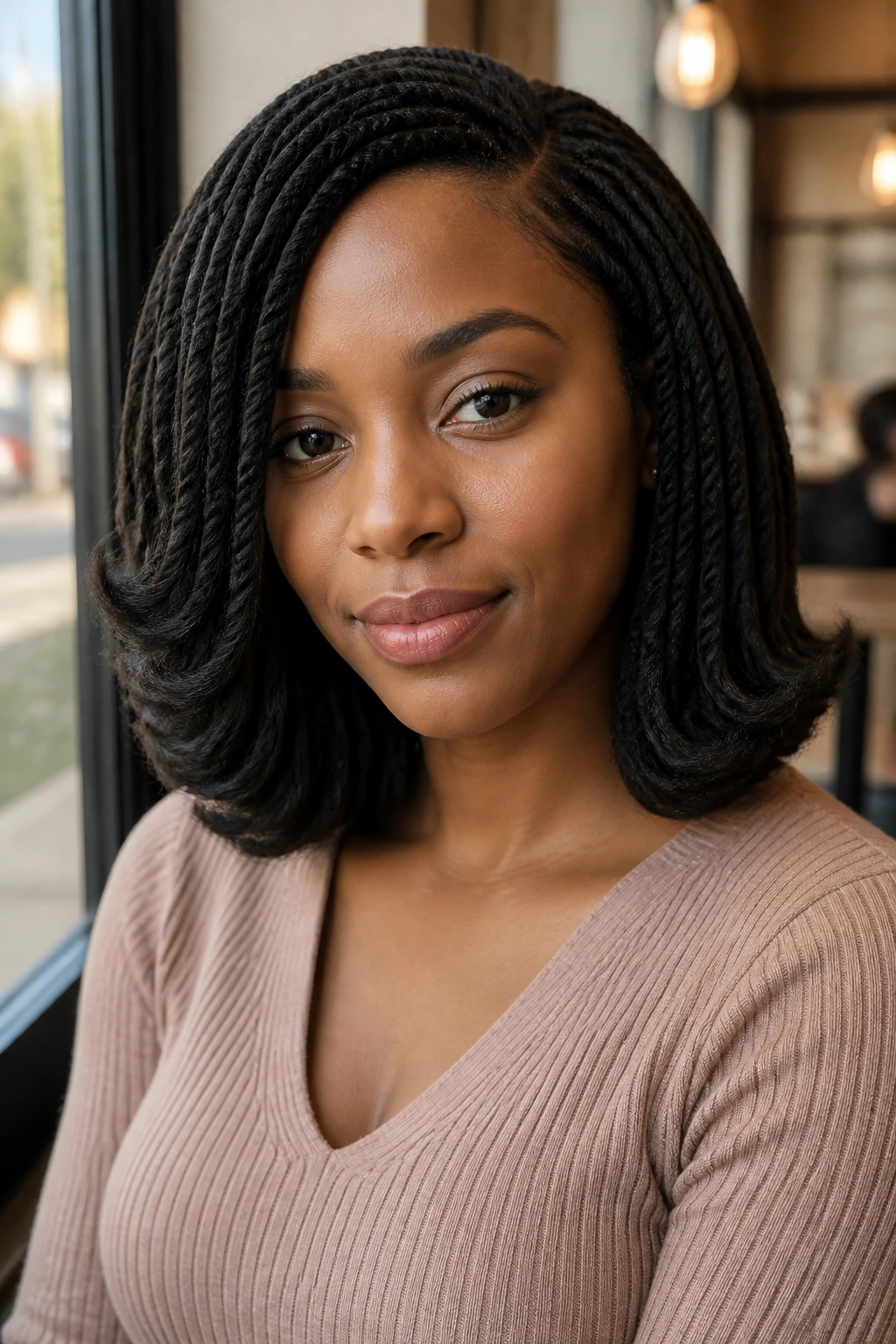 Close-up of real woman with curled-end crochet bob in warm cafe lighting