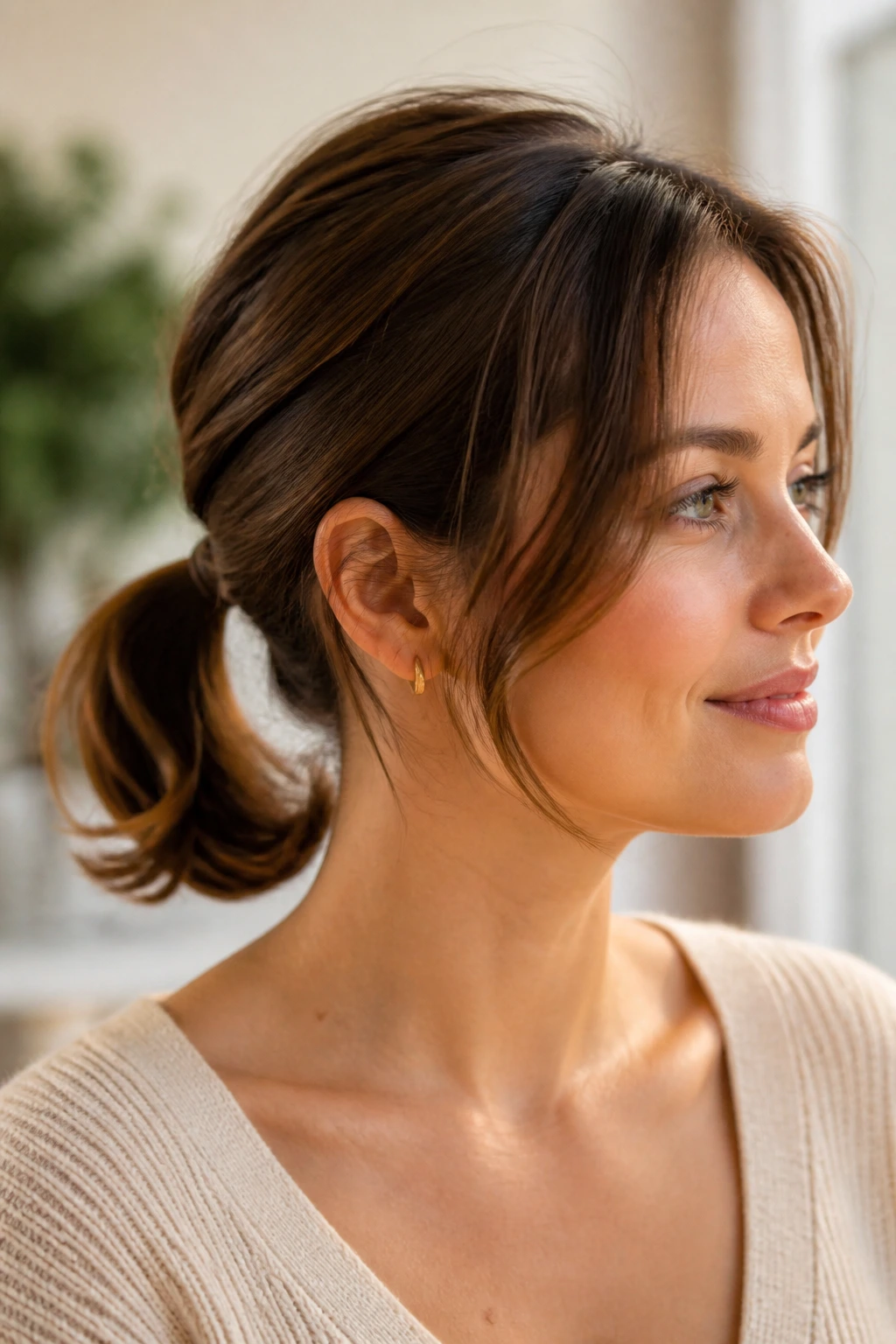 Close-up of a real woman with a short ponytail featuring curled ends.
