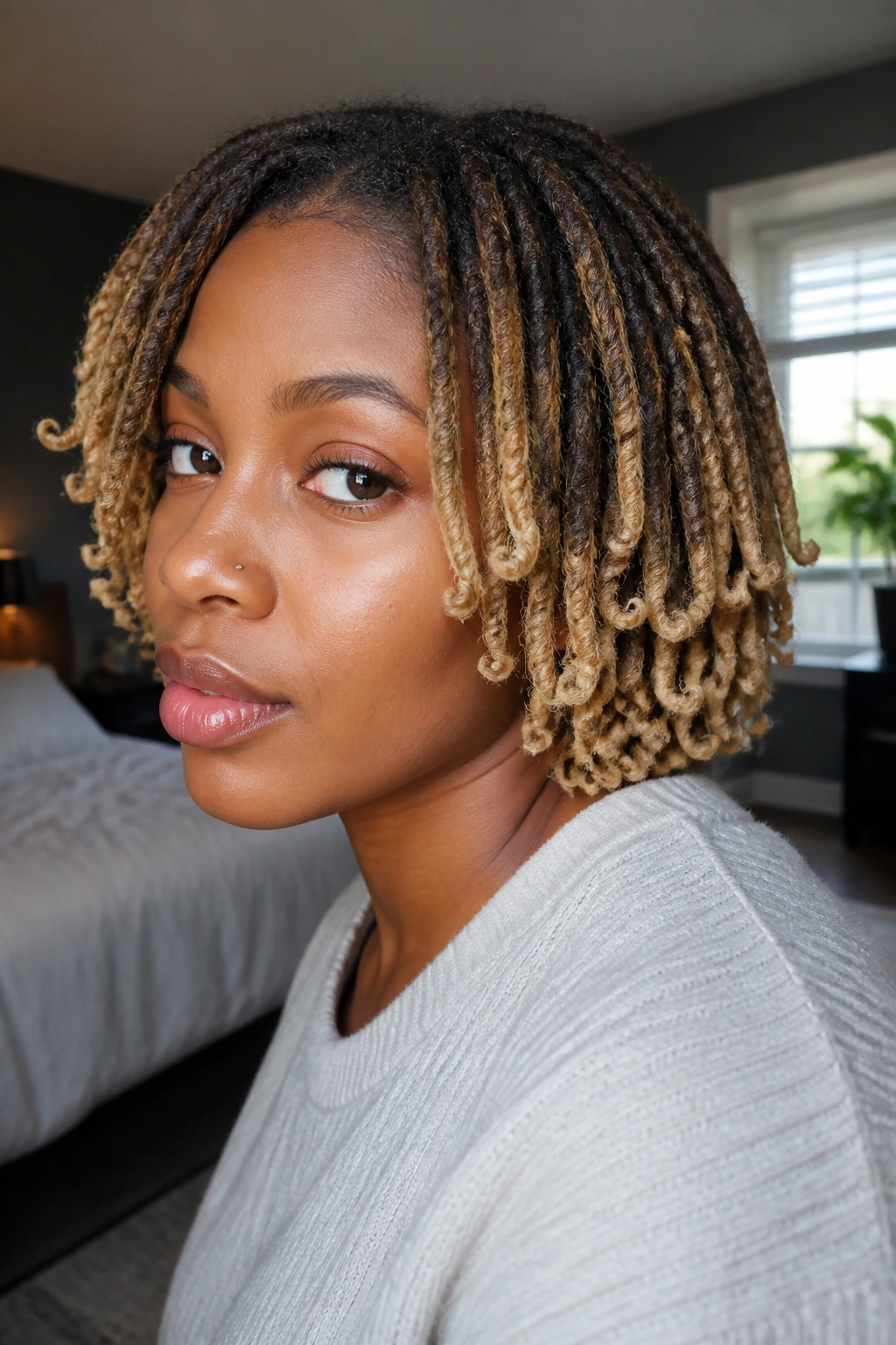 Close-up of a real woman with short locs and curled ends in blonde tips